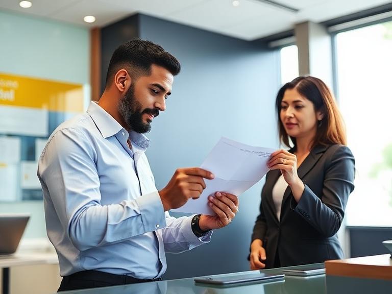Cliente conferindo um cheque com o atendente do banco